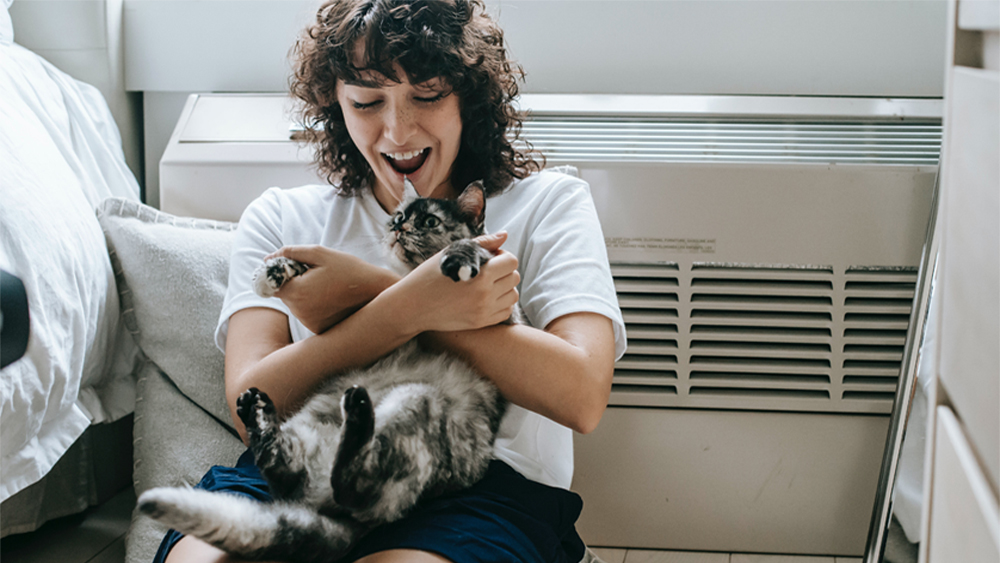 Una niña sosteniendo a su gato.  Se puede ver un sistema de calefacción detrás de ella.