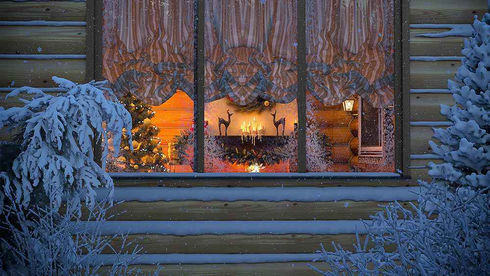 Una vista del hogar cálido y acogedor.  Los árboles están cubiertos de nieve fuera de la casa.  